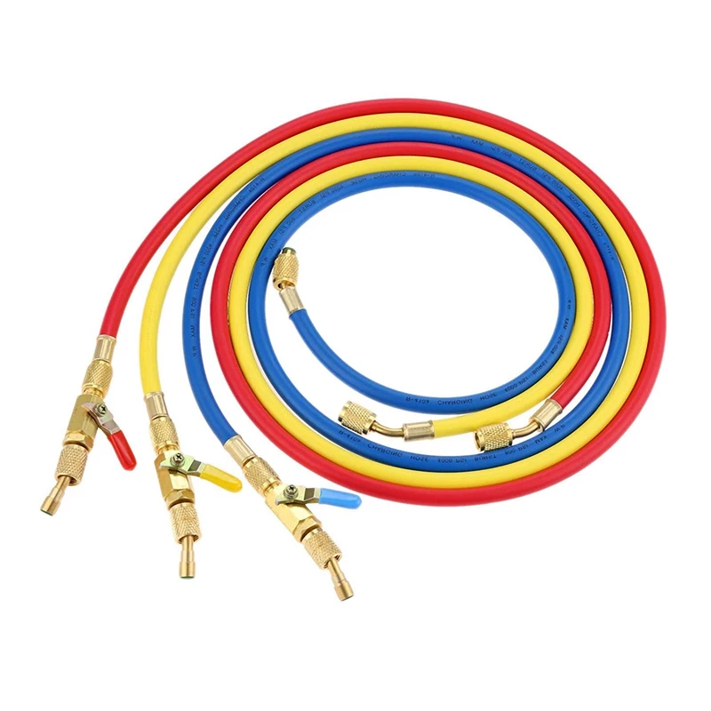 ZXZHL 60 R410A Hoses with Ball Valves for R22 R410a R404a R134a Refrigerant Manifold Gauge Set 3 Color Hoses in Red Blue Yellow 