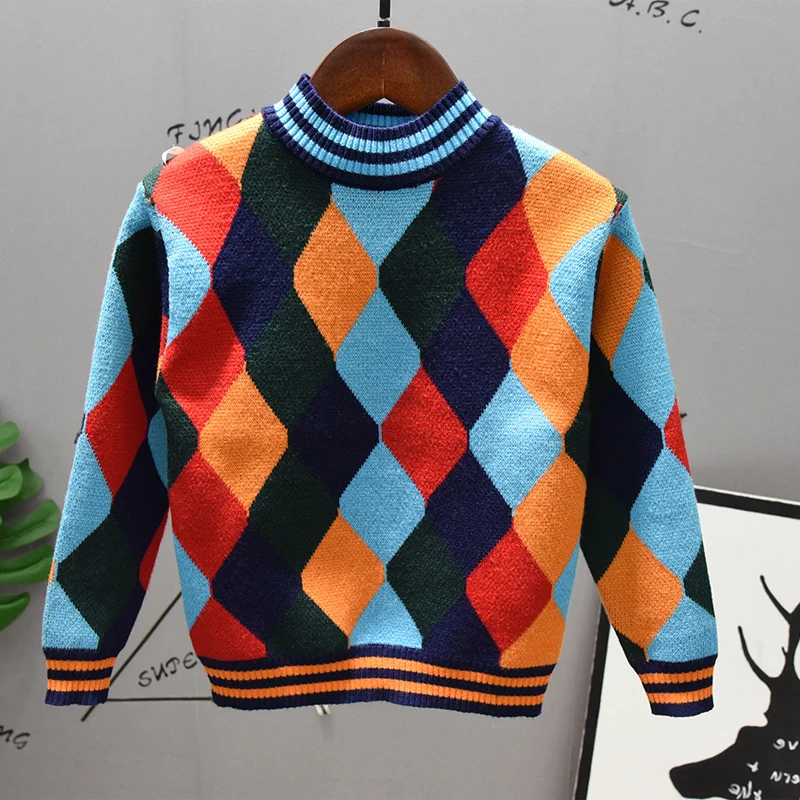 Осенняя детская одежда, новая одежда для мальчиков, вязаный свитер с ромбовидным узором для мальчиков, детская одежда, свитер для малышей, мальчиков
