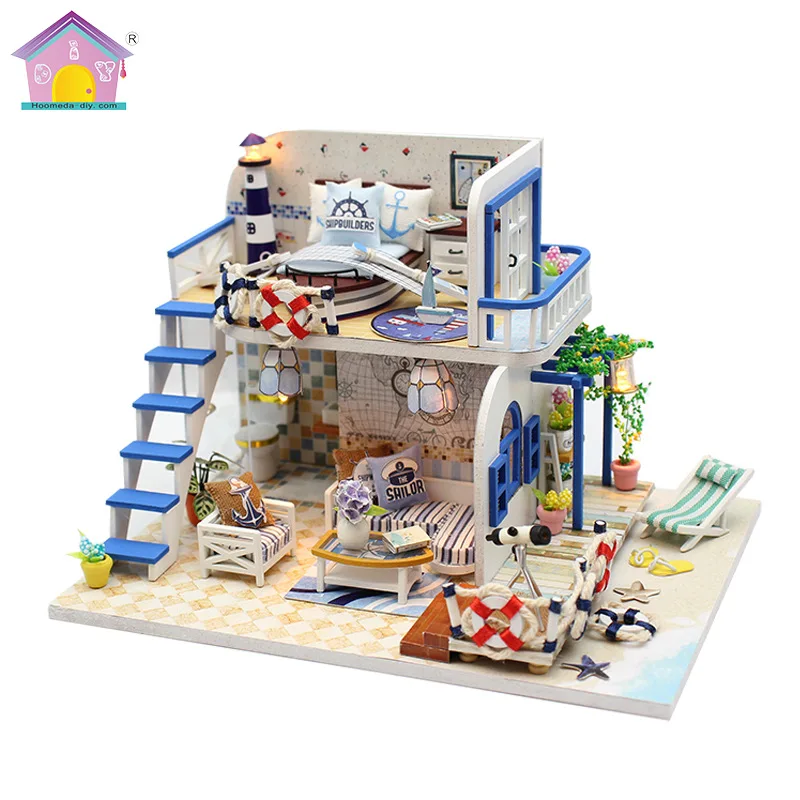 Hoomeda-diy DIY Hut Toy Creative Novelty Architecture Sand Table Small Model Light Blue Coastal Zone Cover