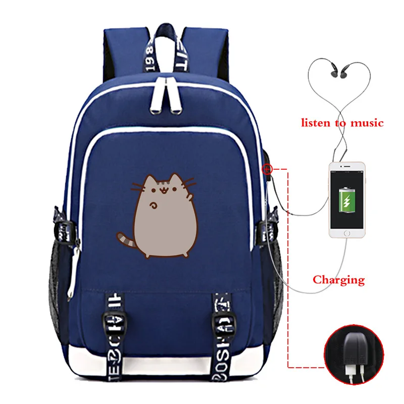 Usb зарядка ушной Заушник отверстие Pusheen печатных милый рюкзак для женщин и мужчин холщовый мешок плечи рюкзаки - Цвет: 020