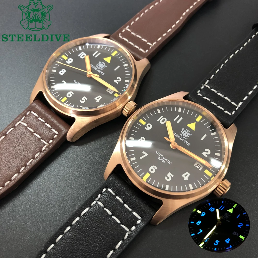 

STEELDIVE Men's Diver Wrist Watches Black Dial CUSN8 Bronze Case NH35 Automatic Movement 200M Water Resistance Pilot's Relogio