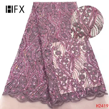 

HFX Onion Color African Lace Fabric High Quality Glitter Wedding Dress Net Lace Sequin Dress French Tulle Lace Fabric X2419