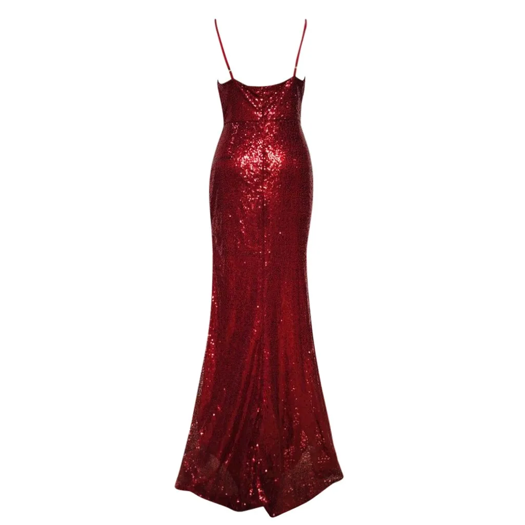 Женское облегающее длинное платье с блестками, Красное Длинное Платье на бретельках, женское сексуальное платье без рукавов с v-образным вырезом, пикантное облегающее платье#1028g30