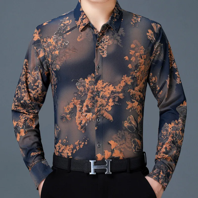 Men's Shirt New Men's Fashion Long Sleeve Casual Middle-aged Iron-free Shirt Men's Business Gentleman Shirt - Цвет: Picture color 2