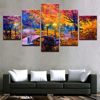 

5 Panel Autumn Color Abstract Park Night View Bridge Oil Painting Pictures Modern Wall Art HD Printed Frame Home Decoration Room