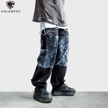 

Aolamegs Sweatpants Cool Patchwork Print Pants Men Elastic Waist Harajuku Color Block Harem Pants Fashion High Street Streetwear