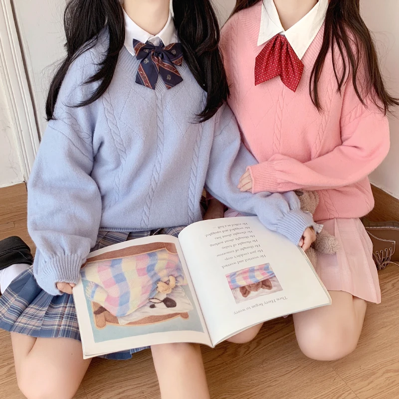 

V-Neck Loose Knits Girls JK Uniform Sweaters Ladies Long Sleeve Clothing Knitting Pullovers Female Knitwear Clothes for Women
