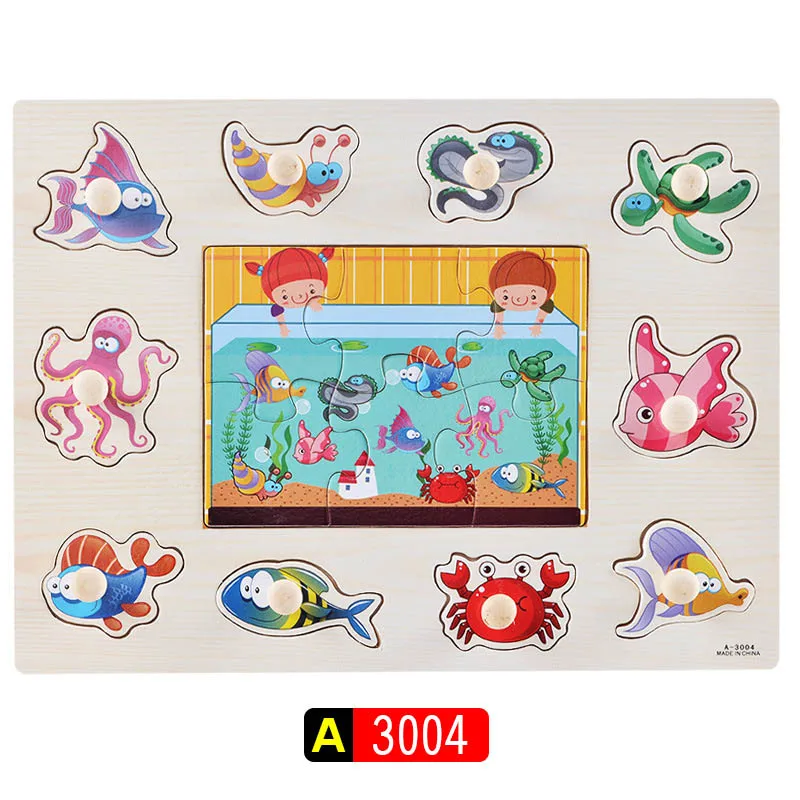 Big Size Baby Montessori Wooden Puzzle Hand Grab Board Set Educational Toys Infantil Cartoon number letter Math Puzzle kids Gift 36