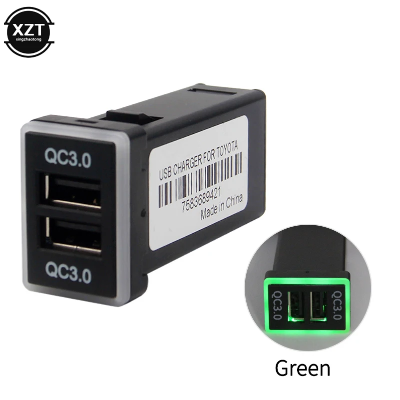 Зеленый QC3.0 Quickcharge автомобильное зарядное устройство двойной USB телефон PDA адаптер DVR Plug& Play кабель для Toyota - Название цвета: Зеленый