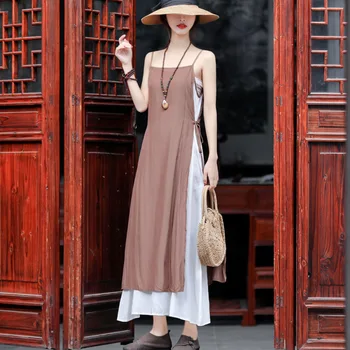 

Womens Summer New Literary Style Sexy Suspender Dress Fashion Sleeveless Contrast Color Long Leisure Fit Dress