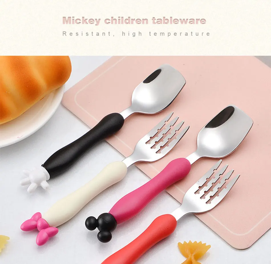 Детский столовый набор посуды из нержавеющей стали с милым рисунком Микки и Минни вилка, ложка, посуда, набор с мягкой силиконовой ручкой столовые приборы для детей