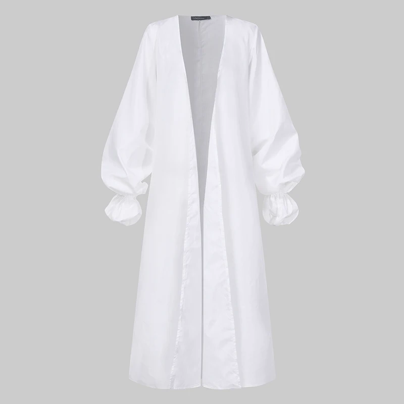 Женские длинные рубашки, модные кимоно кардиганы с рукавом-фонариком, повседневные свободные однотонные топы, богемные блузы размера плюс - Цвет: Белый