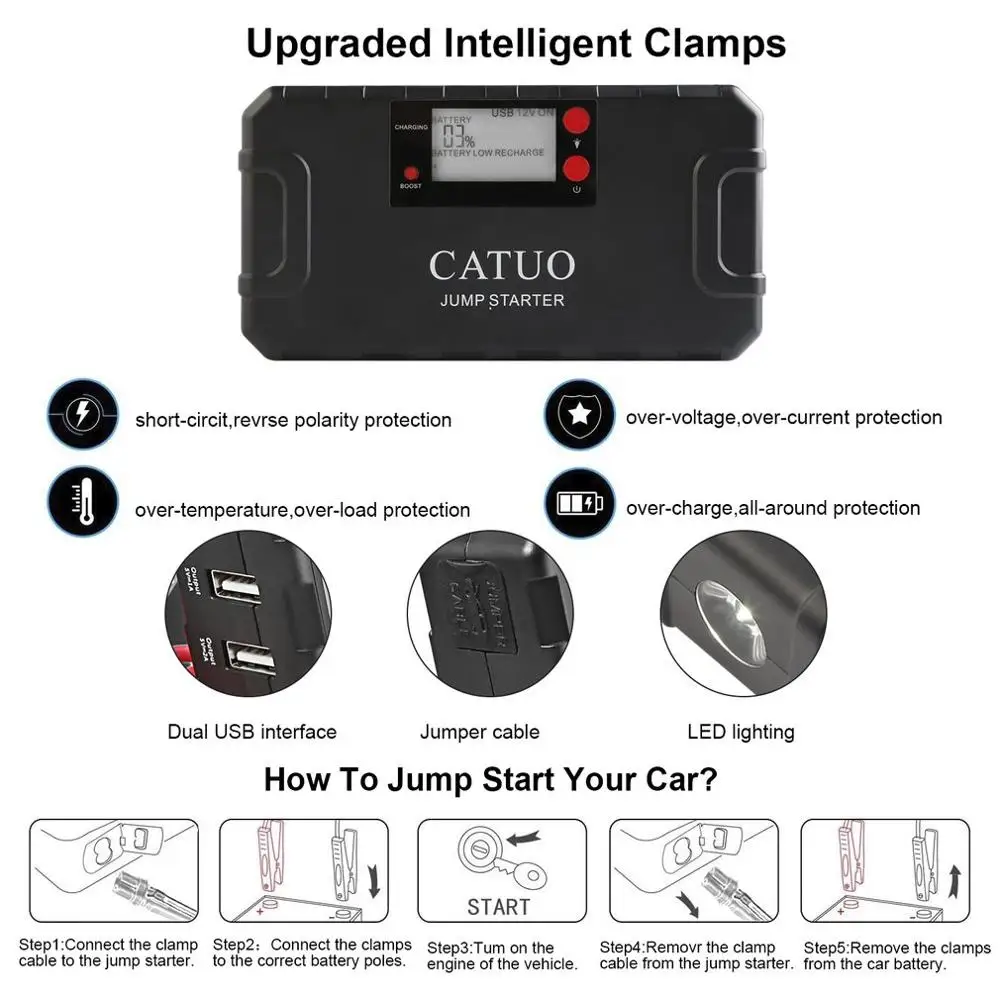 CATUO 13600 мАч портативный автомобильный стартер с зарядным устройством USB светодиодный фонарик для грузового автомобиля лодки JP