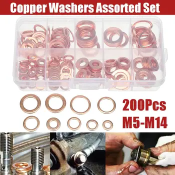 

200pcs Professional Assorted Copper Washer Gasket Set Flat Ring Seal Assortment Kit M5-M14 with Box For Hardware Accessories