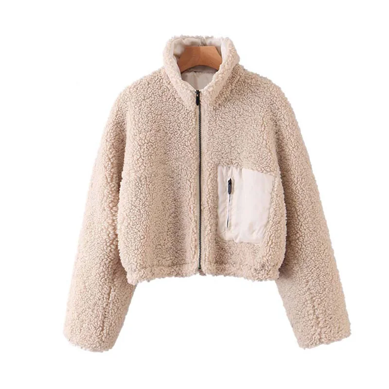 TRAF Women Vintage Stylish Thick Warm Winter Faux Fur Cropped Jacket Coat Fashion Long Sleeve Pockets Female Outerwear Chic Tops