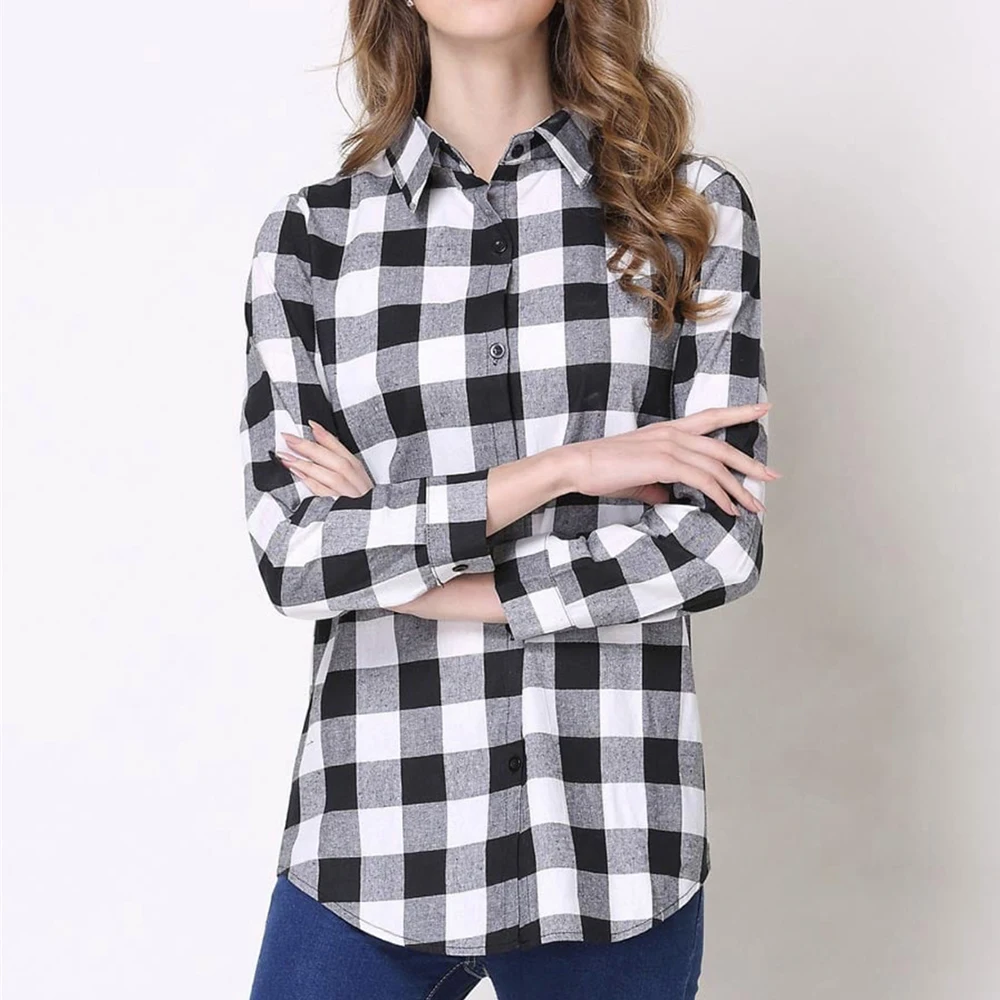 2020 весна/осень новые хлопковые клетчатые блузки рубашки женские с длинным
