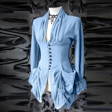 Винтажная рубашка женская блузка женская средневековая стимпанк v-образный вырез длинный рукав плиссированные пуговицы Тонкий сплошной цвет винтажные Топы