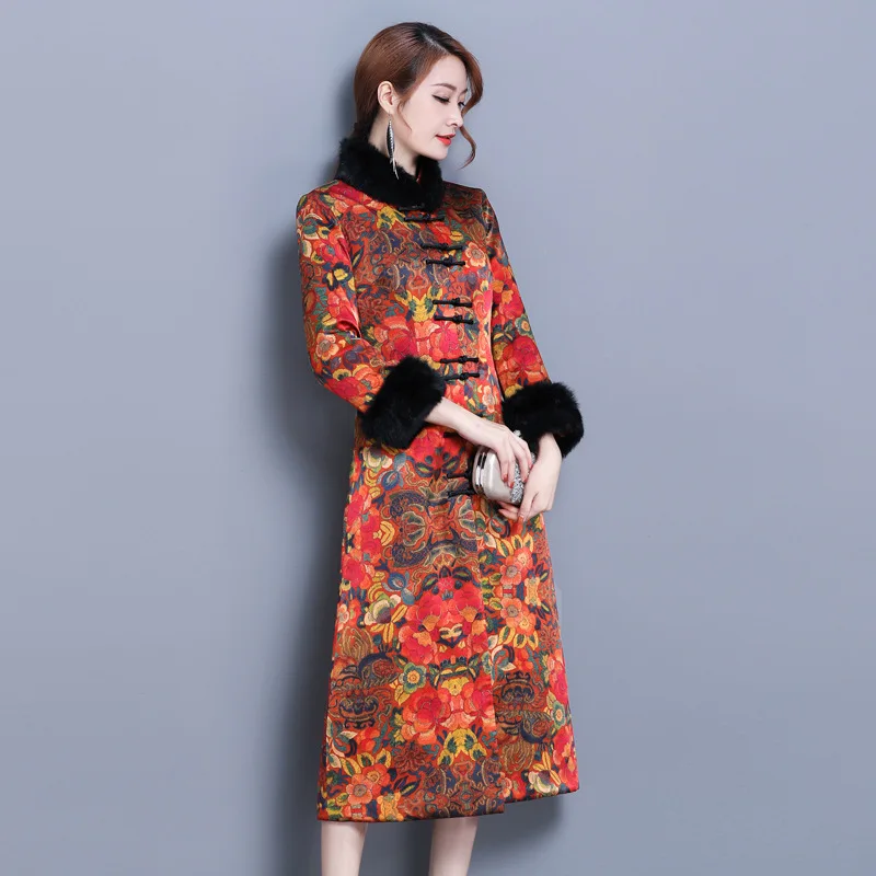 

Printed Improved Cheongsam Women's 2019 Fall And Winter Clothes New Style Long Sleeve Rabbit Fur Collar Padded Thick Warm the Re