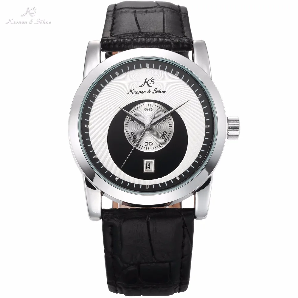 

KS Brand Black White Round Special Analog Automatic Men Mechanical Watch Round Date Display Leather Strap Timepiece Gift / KS331