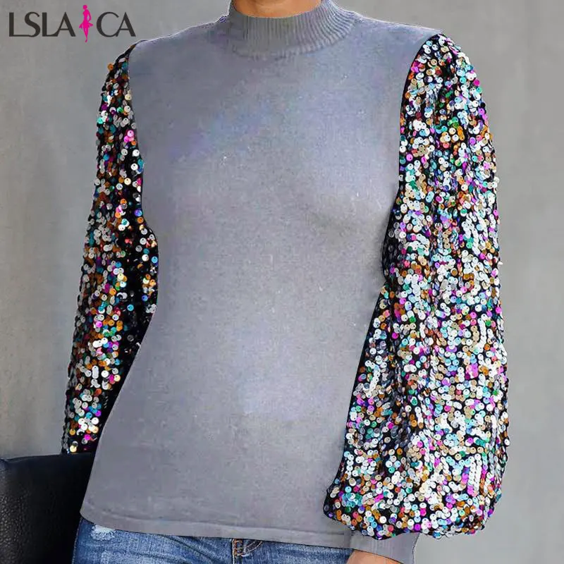 Blouse shirt women lantern sleeve sequin splicing O-neck women blouses casual office ladies tops st