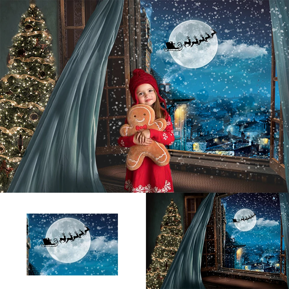 Photo Backdrop Christmas Gift Shop Moon Backdrop Background Wreath Photo Studio Props New Year Toy Reindeer Santa Wallpaper Family Party Decor