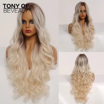 

Long Wavy Brown to Blonde Ombre Synthetic Wigs Middle Part for Afro Women Heat Resistant Cosplay Natural Hair Wigs