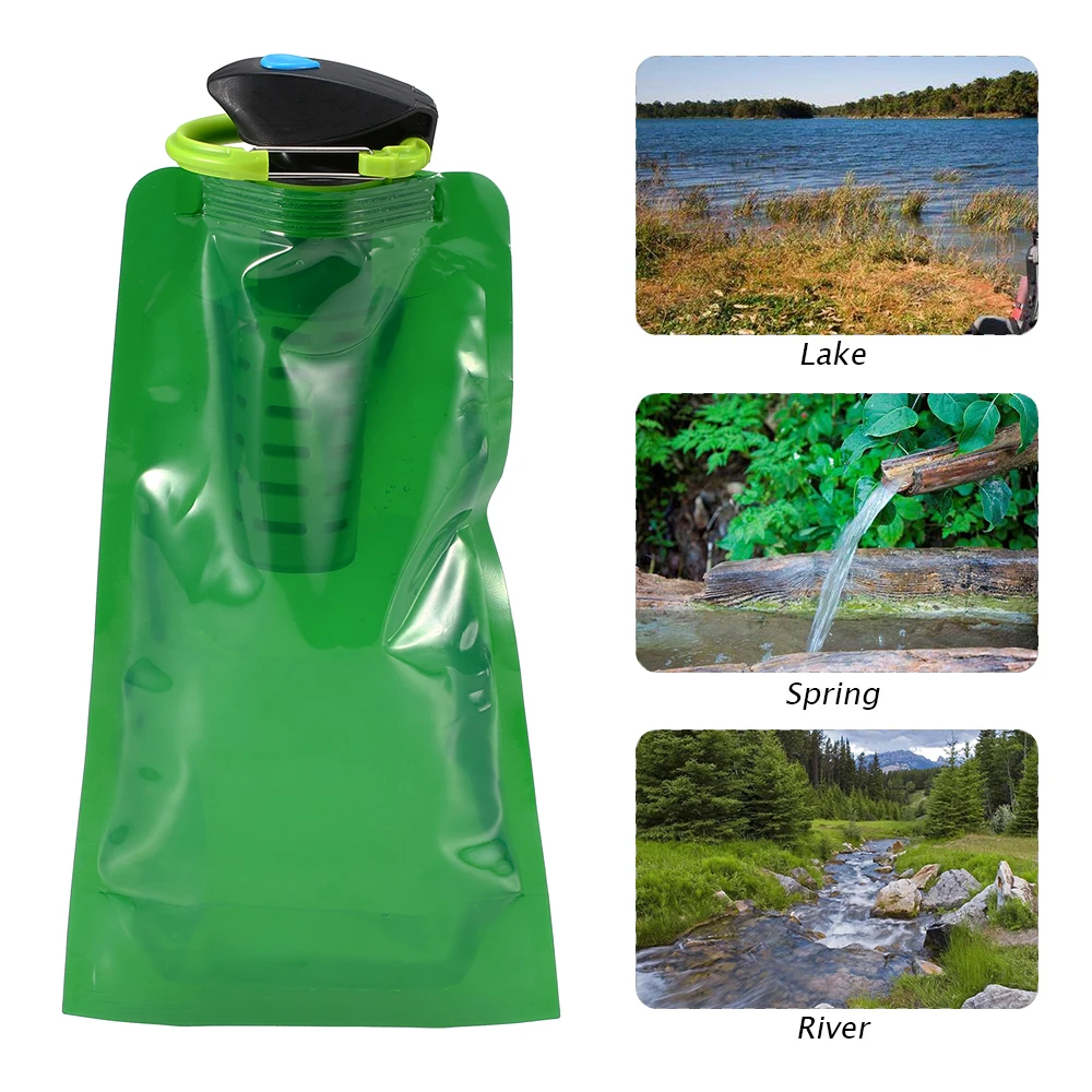 750ml BPA Free Foldable Flexible Water Filter Bag Bladder Water Filtration Bottle with Carabiner for Outdoor Emergency Survival