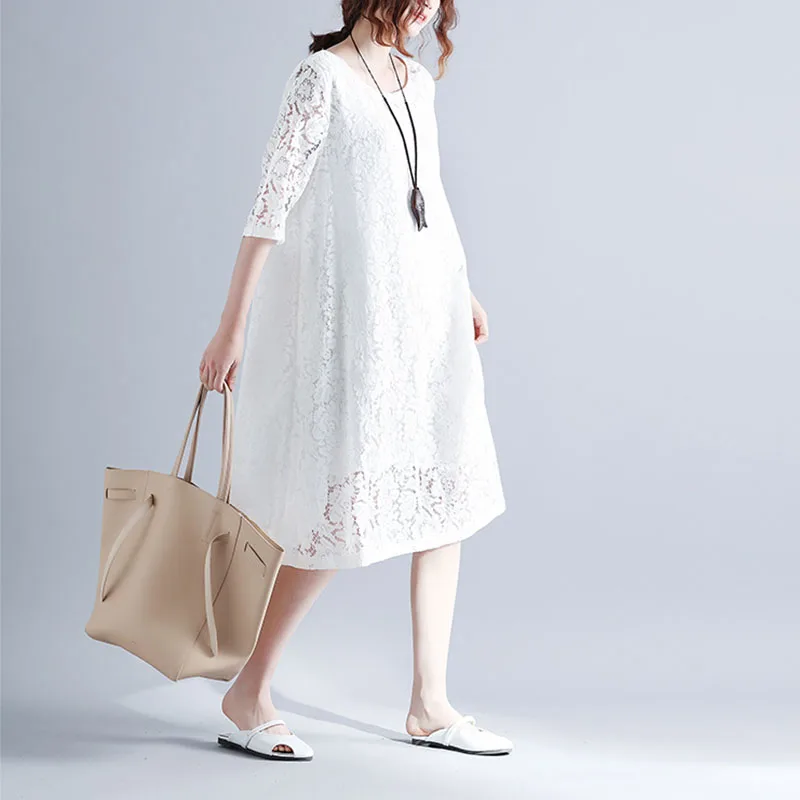 Fashion Designer Party dress Women Elegant embroidery Lace Crochet Hollow Out Loose Solid Dress vestidos Plus Size