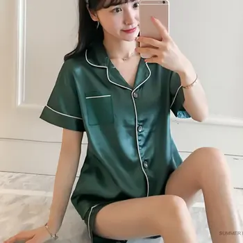 

2020 Pajama Sets Silk Pijama Sexy Satin Sleepwear Women Summer Large Size Pyjama Femme Sleep Lounge Fashion Short Sleeve Pajama