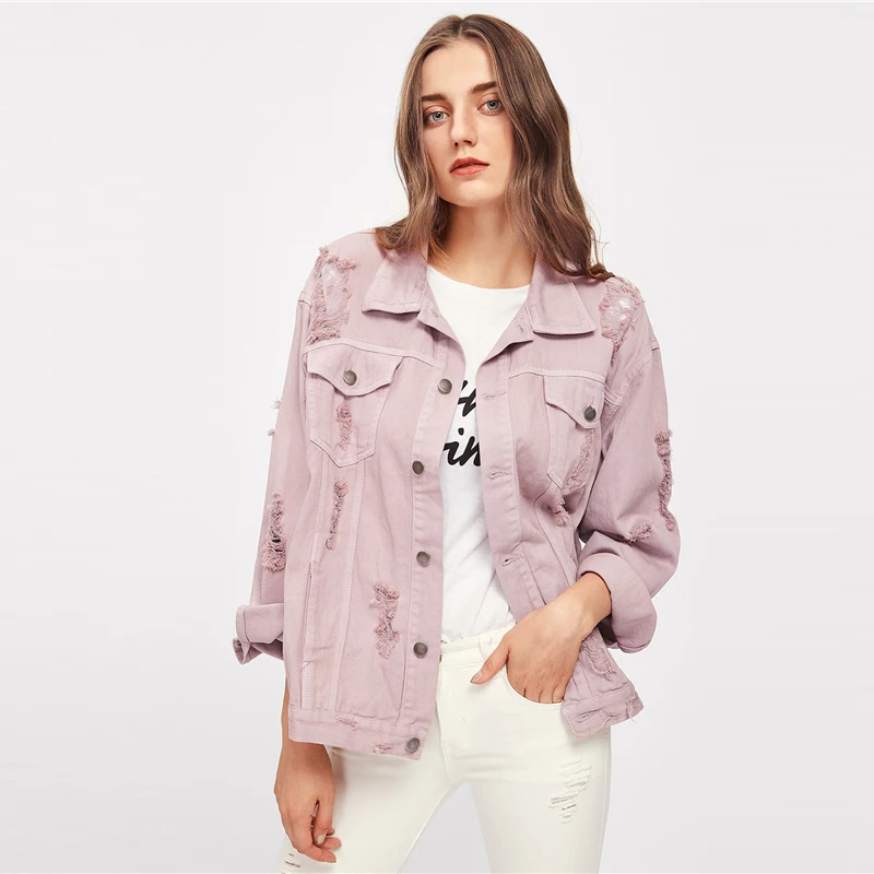 SweatyRocks, розовая джинсовая куртка бойфренда с рваными деталями, уличная одежда, женские однобортные куртки, осень, повседневные однотонные элегантные пальто