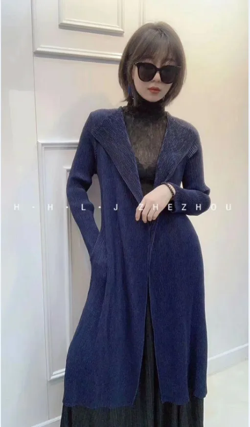 Горячая miyake верхняя одежда с отложным воротником плиссированная Длина рукава верхняя одежда, пальто - Цвет: Тёмно-синий