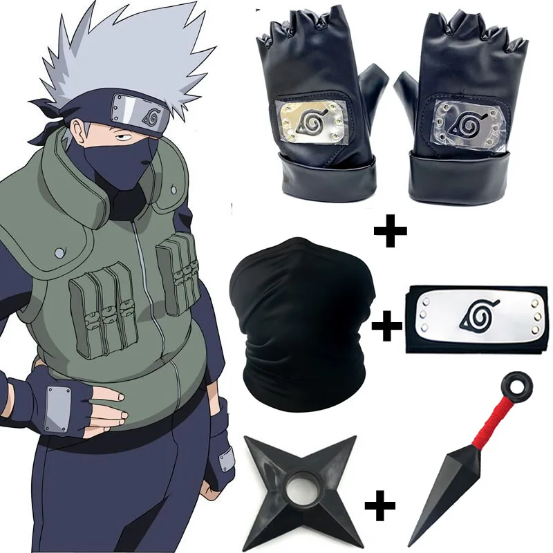 5pcs SET Anime Naruto Cosplay Kakashi Accessories Gloves Kunai Headband Mask Ninja Uchiha Mittens Action Figure Stuff Kids Toy | Игрушки и