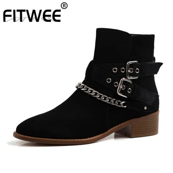 

FITWEE Women Genuine Leather Sexy Ankle Boots Chain Flats Buckle Zipper Fashion Shoes Woman Office Lady Pointed Toe Size 34-39