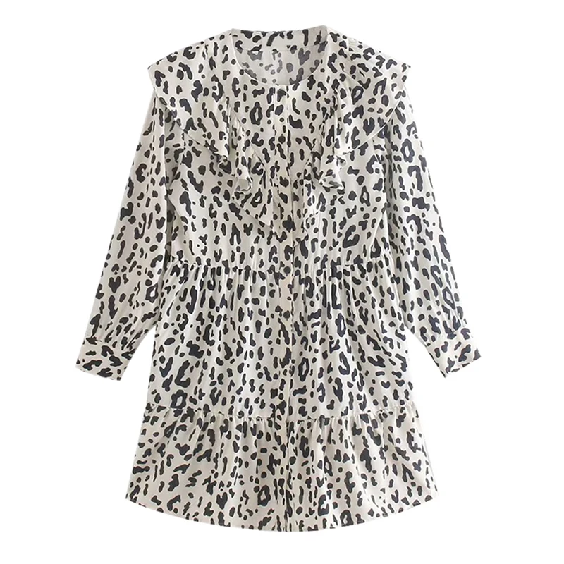 

Women Retro Leopard Print Animal Pattern Ruffles Long Sleeve Female Casual Vintage Mini Dresses FFZYQ494