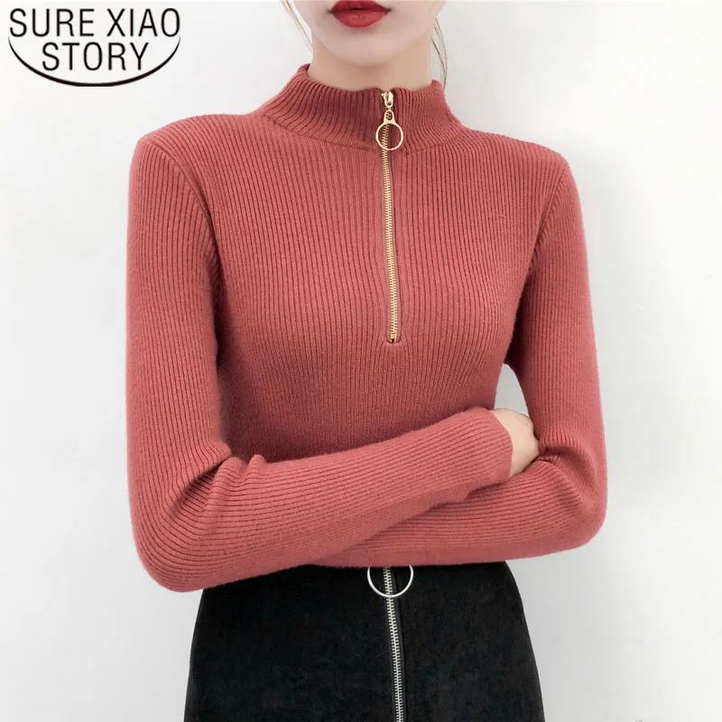 Women Sweaters 2019 Winter Long Sleeve Turtleneck Women Sweaters Casual Zipper Pullovers Knitted Sweater Solid Slim 6152 50