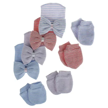 

1Set Newborn Bowknot Soft Hat Hospital Nursing Cap Striped Bows Hats +Anti-scratch Gloves White Pink Blue 10 Color Infant Turban