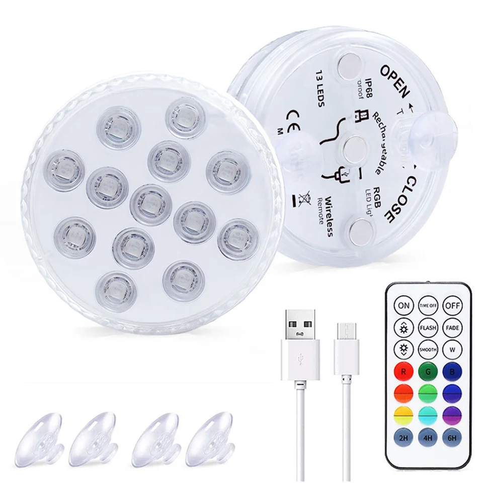 Luz LED sumergible magnética impermeable, lámpara de noche para piscina con  ventosas, recargable por USB, 13 LED