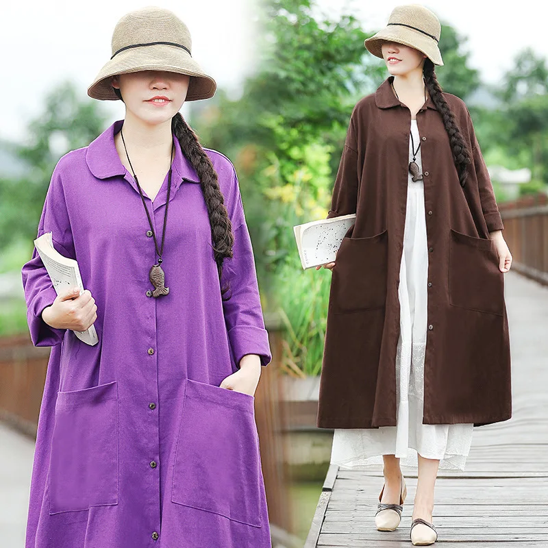 New Style Fashion Early Autumn-Online Celebrity Literature And Art Retro Cotton Linen Middle Long Coat Autumn Clothing