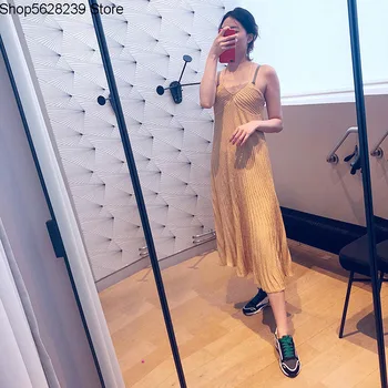 

French Elegant 2020 Summer Solid Color Loose Pleated Dew Back Sling Dress Female Long Skirt 190221