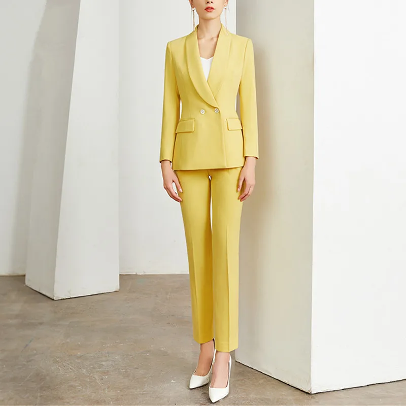 

Elegant office lady yellow long sleeves double breasted blazer suit pant suits female pants suits women's blazer set