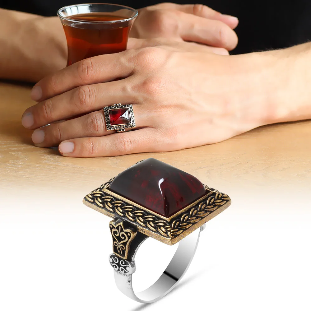 Tesbihane Red Fire Amber Stone Rhombus Design 925 Sterling Silver Men 'S Ring | Украшения и аксессуары