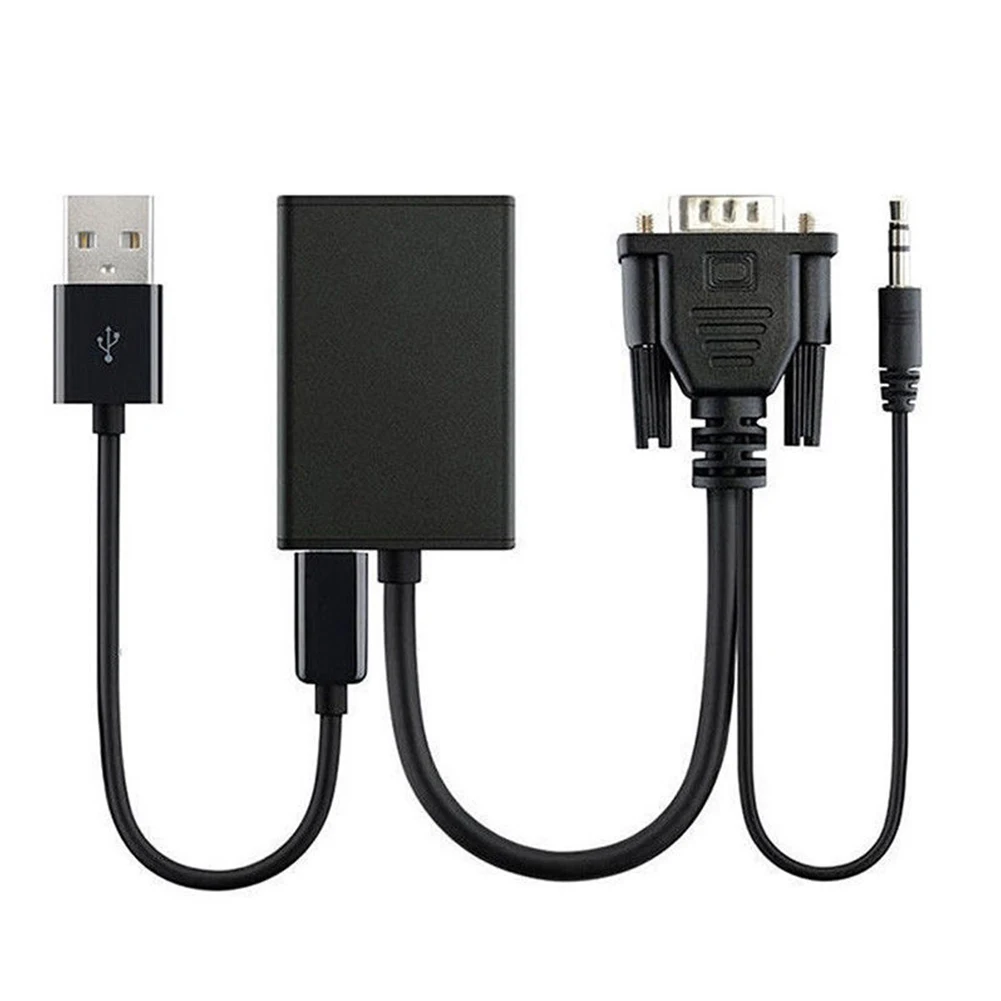 Video VGA To HDMI Adapter Laptop Portable Black 1080P Converter USB With Audio Cable