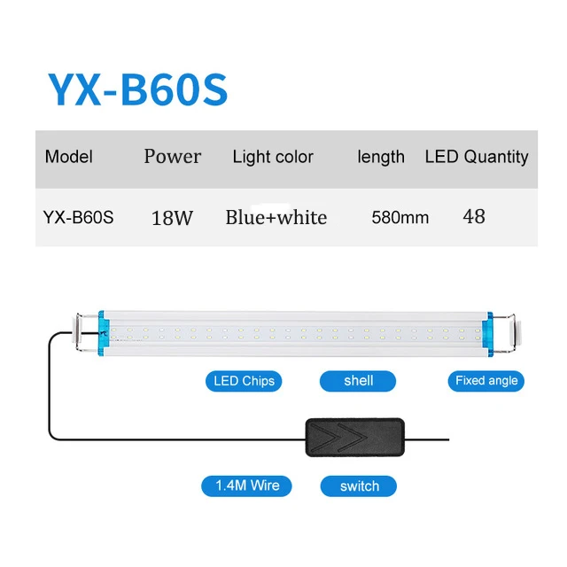 YX-B60S Супер тонкий светодиодный светильник для аквариума, светильник для водных растений 18-75 см, расширяемый водонепроницаемый светильник с зажимом для аквариума - Цвет: YX-B60S