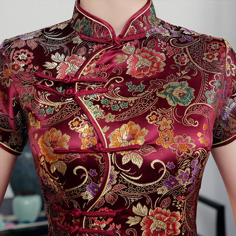 Новое модное из вискозы китайское классическое женское платье Ципао Элегантное Длинное платье с коротким рукавом