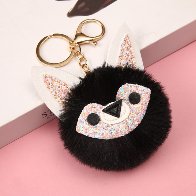 Ball Keychain Charm Key Ring Cute Leather Fox Keyring Plush Fluffy Pompom Faux Rabbit Fur Ball Bag Car Key Charms Accessory