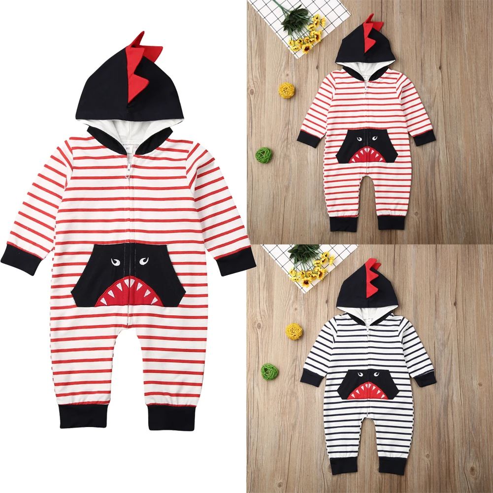 pudcoco Kids Baby Boy Girl Infant Cotton Long Sleeve Cartoon Striped Romper Jumpsuit Hooded Clothes Autumn Outfit 0-18M