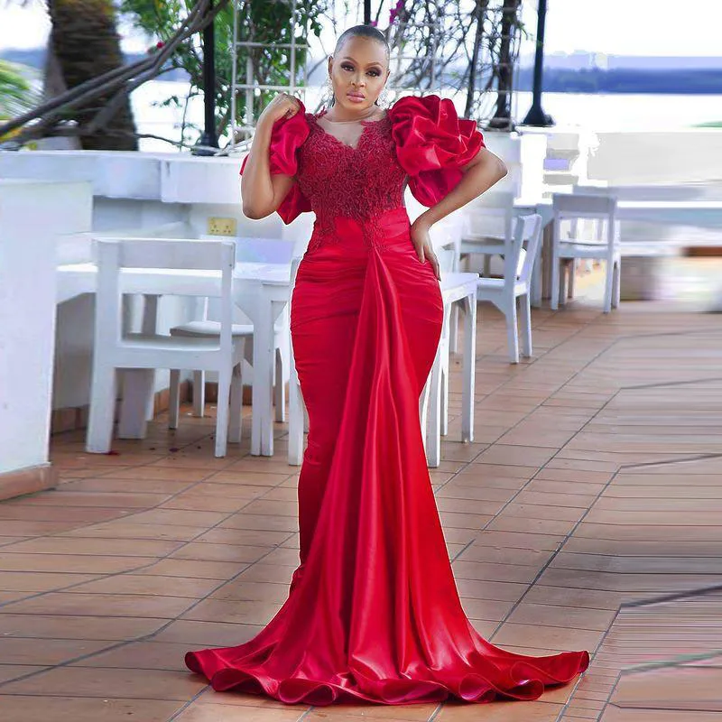 evening dresses for weddings Red Velvet Mermaid Evening Gowns Saudi Arabic Aso Ebi Style Lace Appliques Ruffles Sleeves Prom Dresses Sweep Train Party Dress gold evening gowns Evening Dresses
