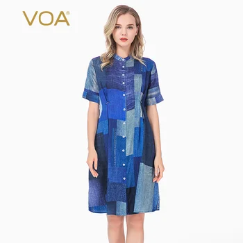 

VOA Plaid Printed Micro Elastic Silk Half-Collar Short Sleeve Pleated Single Row Button Simple Elegant Knee-Length Dress AX31