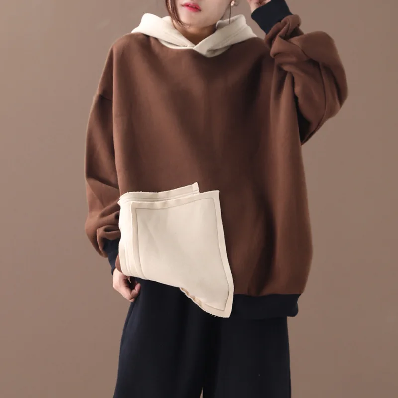 Coffee color Осень Зима толстовки женские большие размеры Свободные флисовые Топы новые женские с капюшоном Лоскутные сплайсированные повседневные толстовки - Цвет: Coffee color