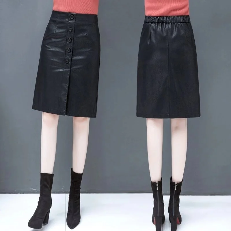 Сезон осень-зима; модные женские туфли эластичный с высокой талией кнопки черного цвета из искусственной кожи с юбкой, осень тонкий 5xl юбки с разрезом для Для женщин